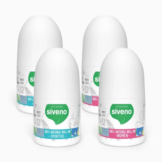 Vier witte roll-on deodoranten, twee met groen en twee met roze label, op een witte achtergrond.