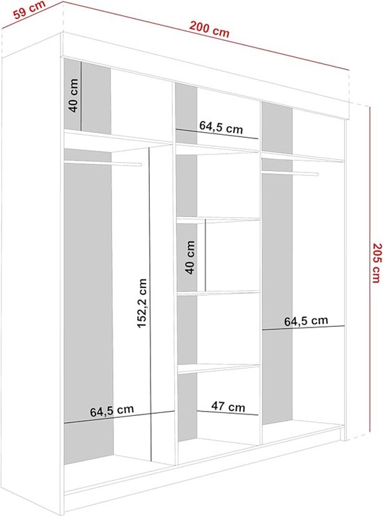 Technische tekening van een kledingkast met afmetingen: 200 cm breed, 205 cm hoog, 59 cm diep.