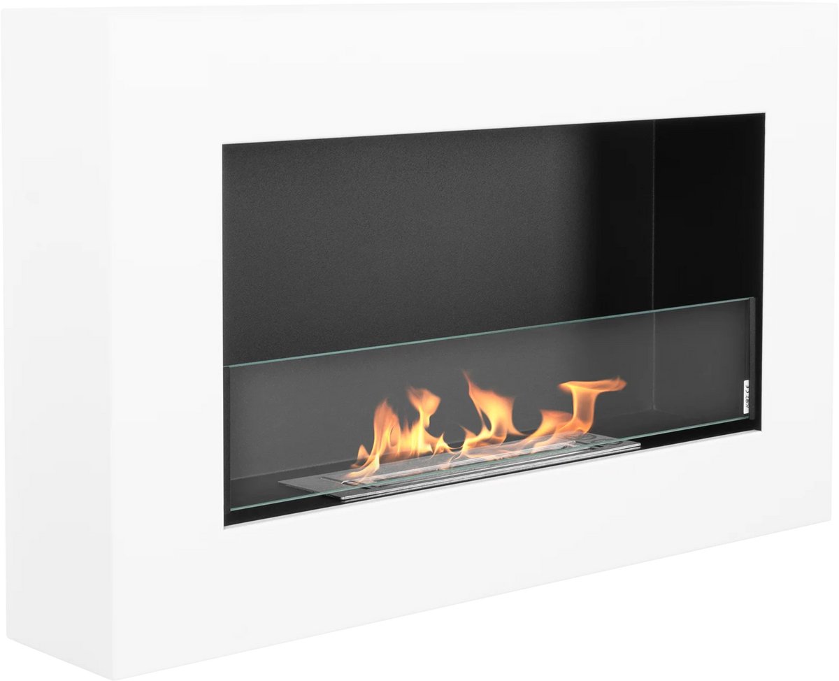 Bio-ethanol wandhaard 65x40 cm box wit mat (structuur) met glas – moderne sfeerhaard zonder schoorsteen
