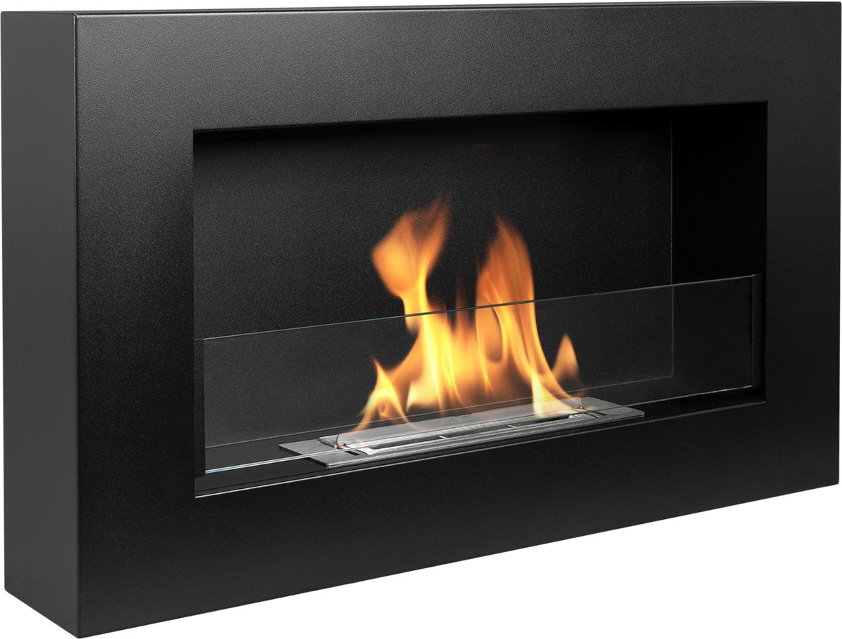 Bio-ethanol wandhaard 65x40 cm box zwart met glas – moderne sfeerhaard zonder schoorsteen