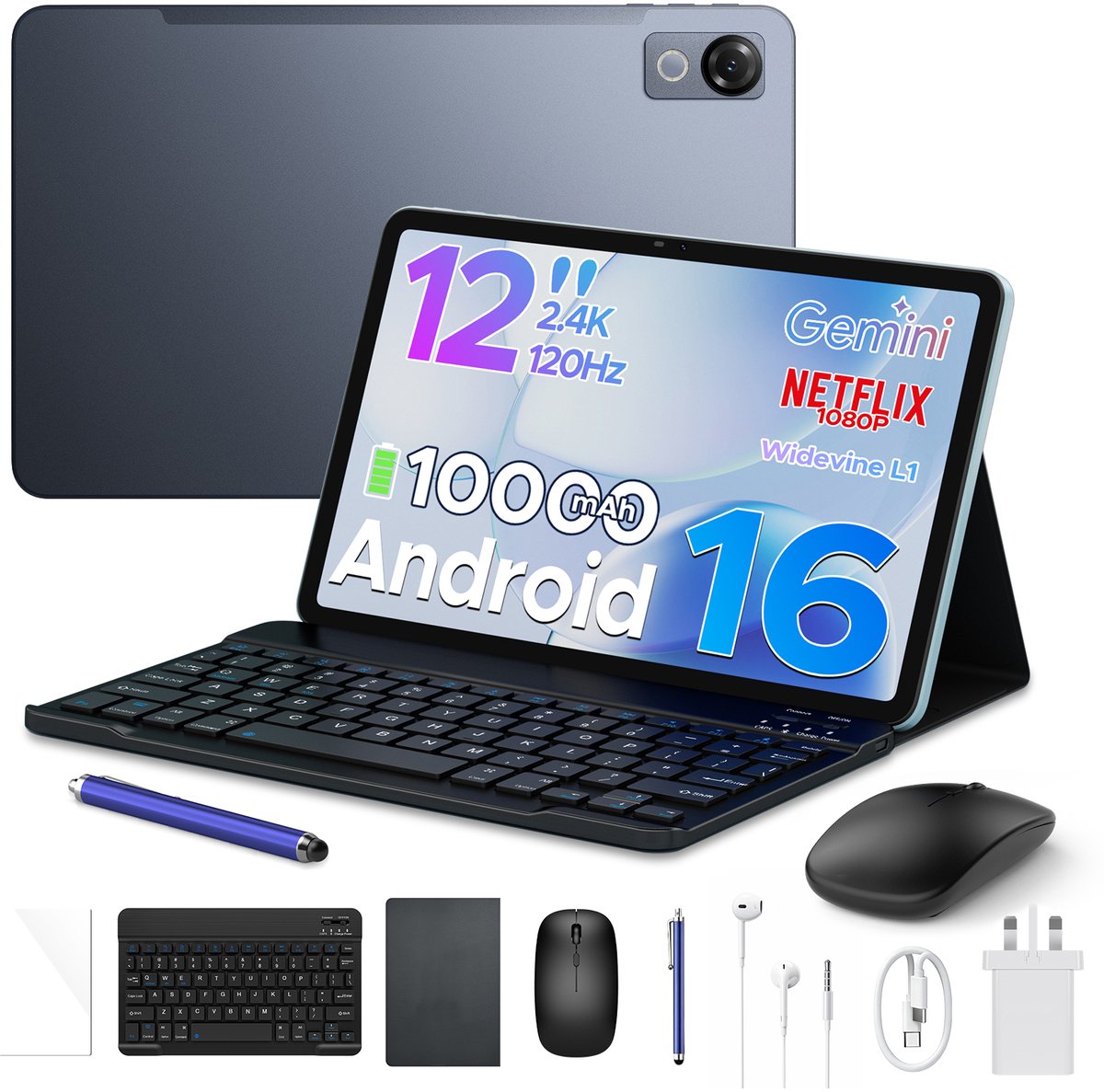 POCKAM P12-tablet - 12 inch 2K 120 Hz IPS - Android 16 - 48 GB RAM (8+40 GB) - 128 GB ROM - 10000 mAh /18 W - Octa-Core T7280 - Dubbele camera - WiFi 5 - Bluetooth - Face ID - Toetsenbord - Stylus meegeleverd