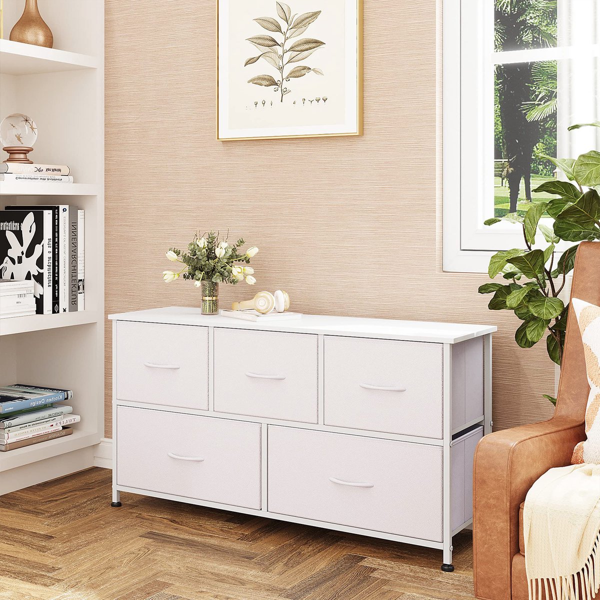 Ladekast - Opbergkast met 5 lades – Stoffen ladekast met metalen frame – 3 kleine + 2 grote lades – Vrijstaande kledingkast slaapkamer/hal – Wit – 100x30x53 cm
