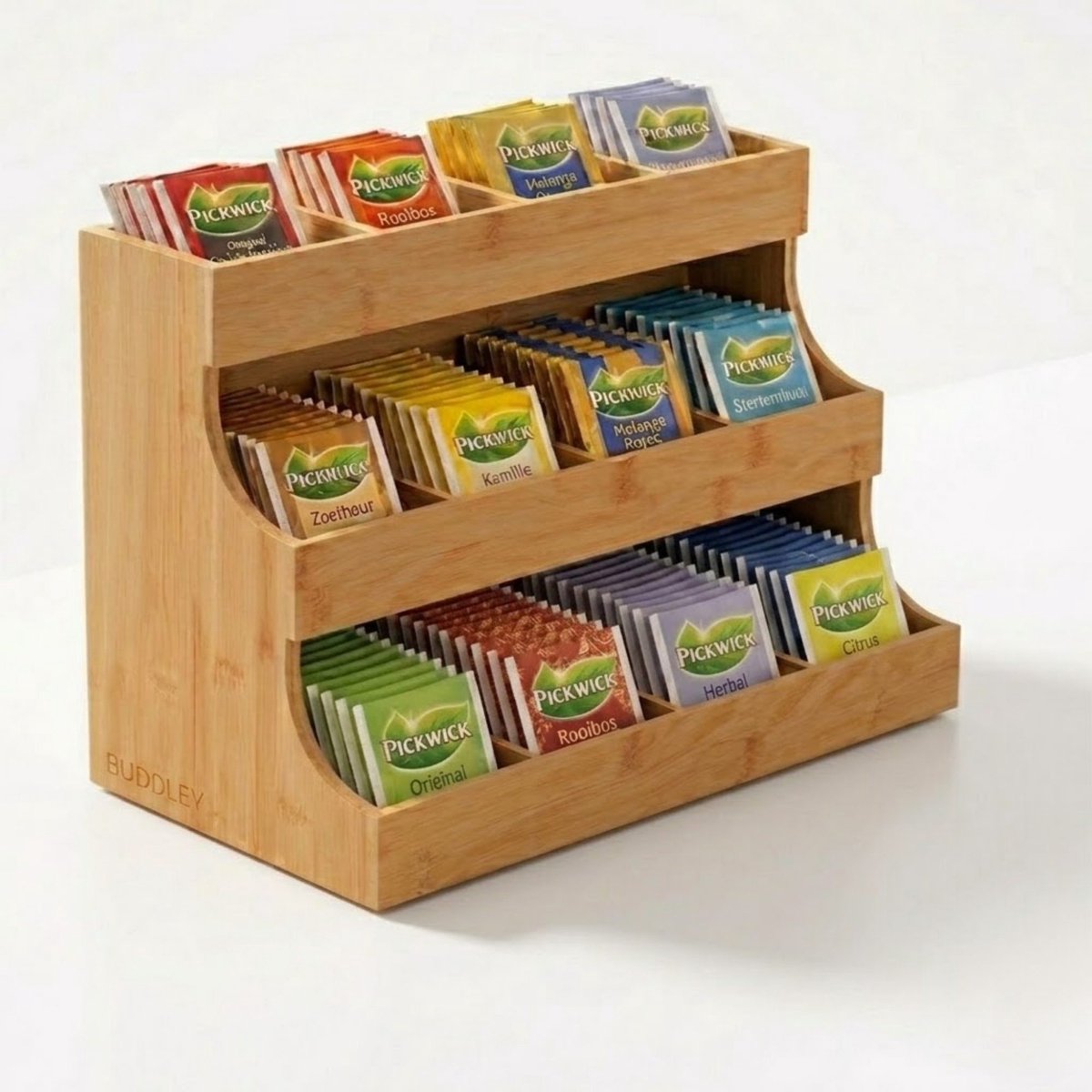 BUDDLEY Theedoos 12 vaks - Thee Organizer - Bamboe - Theehouder - Theebox - Thee organiser - Display - Rekje - Thee Houder Hout - Theedozen - Theekist - Theezak organiser - Theezakjes box - Houten - Thee doos - 12 vakken - Rek - Kantoor - Tea -Staand