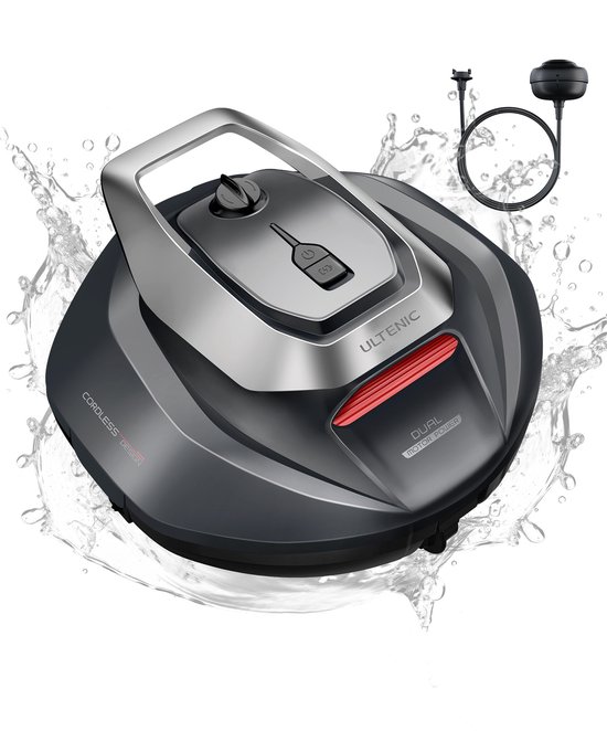 Robot de piscine avec les étiquettes "CORDLESS", "ULTENIC" et "DUAL MOTOR POWER". Le robot est gris et blanc.