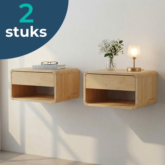 BUDDLEY Nachtkastjes set van 2 - Nachtkastje - Zwevend - Wand Nachtkastje met Lade - Nachtkastjes - Hout - Nachtkastje - Houten - Hangend - Bedside Table - Bamboe nachtkastje - met Laden - 30 tot 35 cm breed