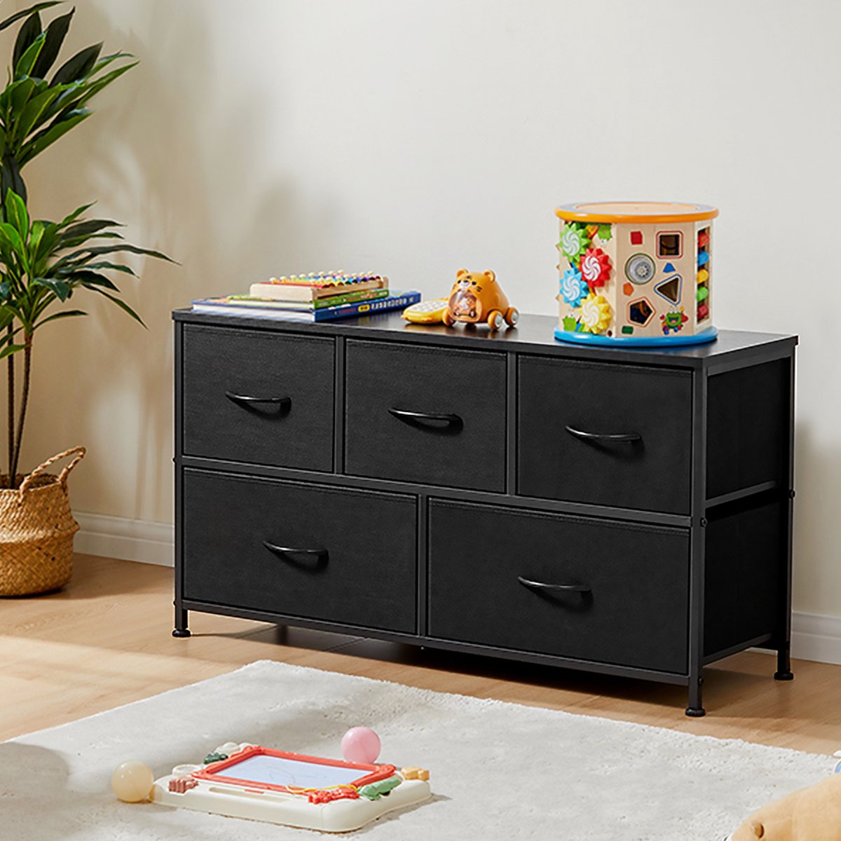 Ladekast - Opbergkast met 5 lades – Stoffen ladekast met metalen frame – 3 kleine + 2 grote lades – Vrijstaande kledingkast slaapkamer/hal – Zwart – 100x30x53 cm
