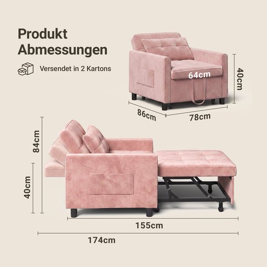Afmetingen roze slaapbank: 86x78x40 cm als bank, 174x40x84 cm als bed.