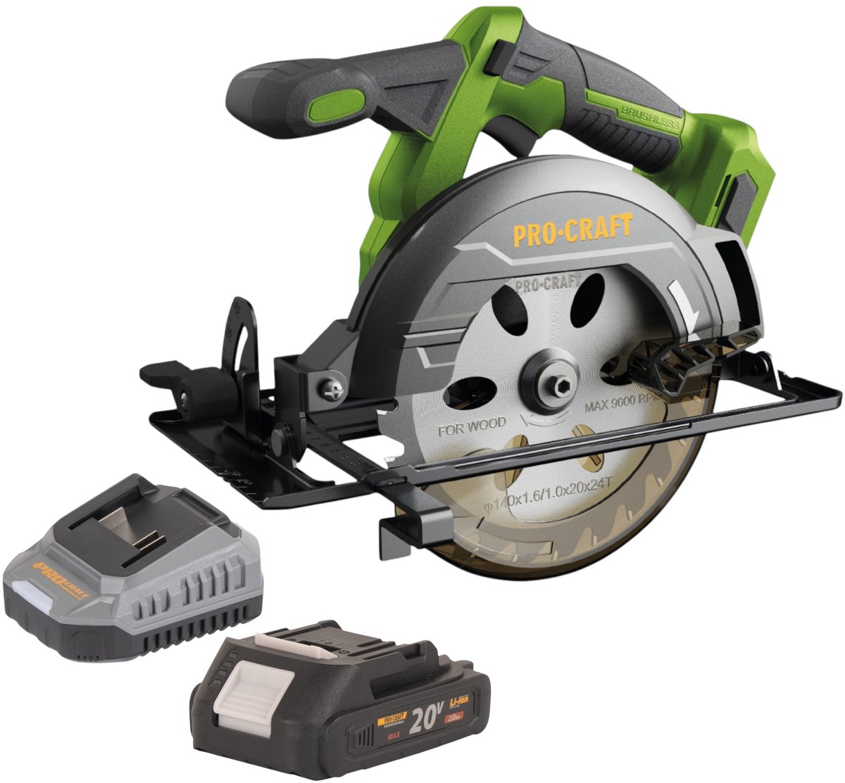 Procraft PCA32-BB accu-handcirkelzaag 20 V 165 mm borstelloos + 1x accu 2,0 Ah + oplader