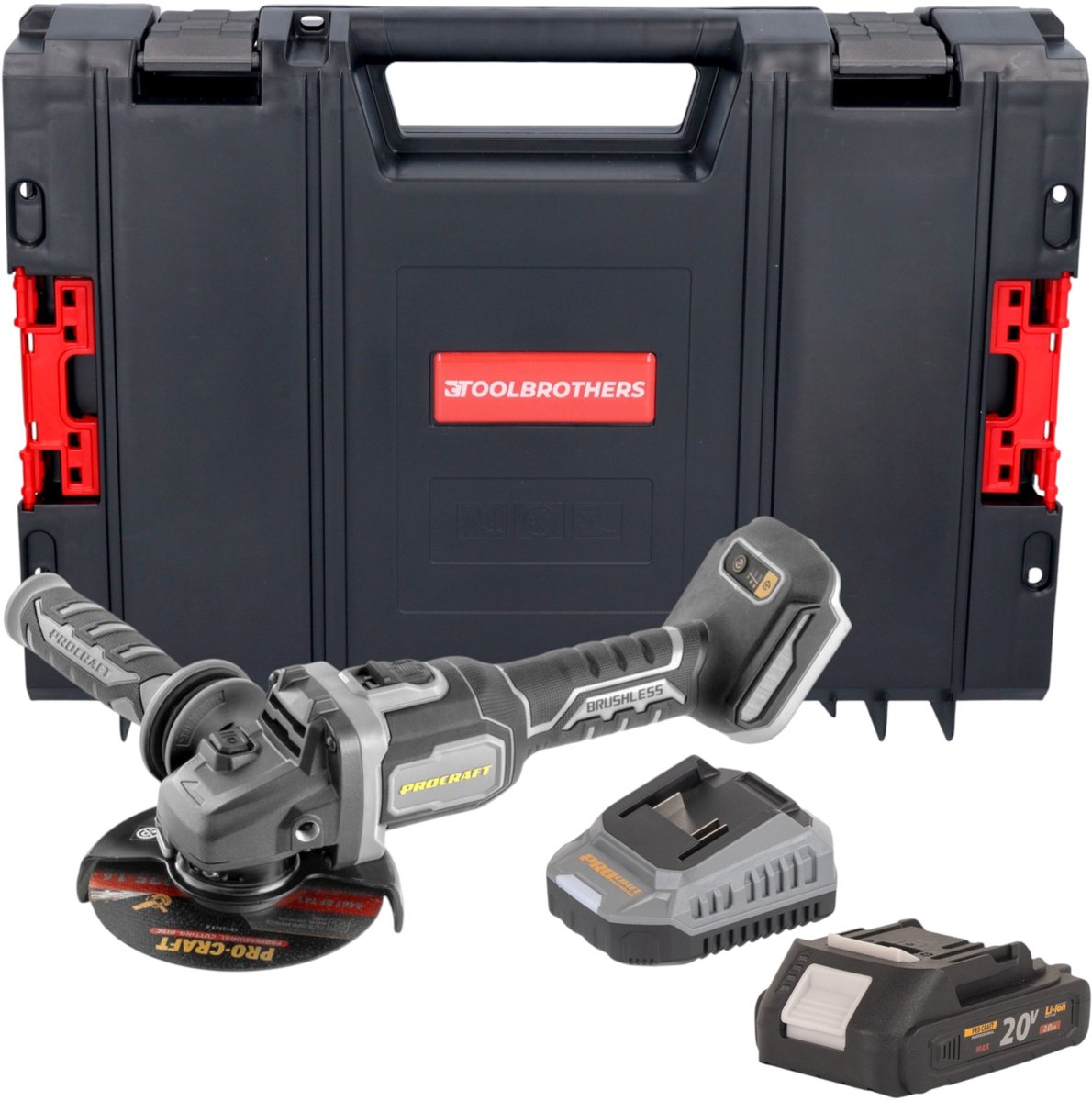 Procraft Industrial AG125Bbb accu haakse slijper 20 V 125 mm borstelloos + 1x accu 2,0 Ah + oplader + RHINO-gereedschapskoffer
