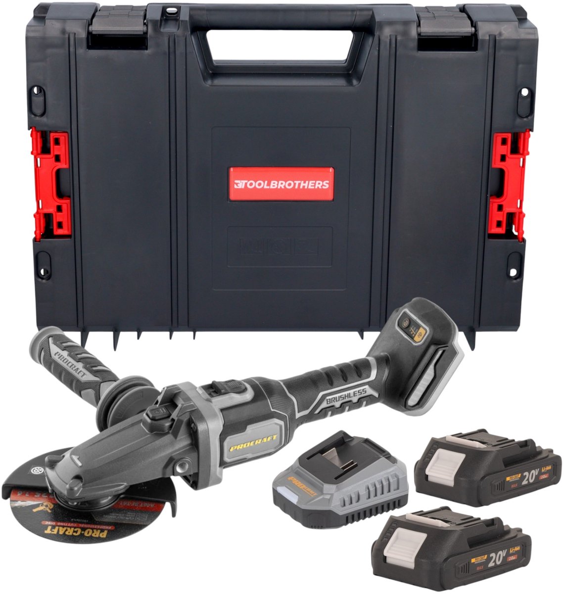 Procraft Industrial AG125Cbb accu vlakke hoekslijper 20 V 125 mm borstelloos + 2x accu 2,0 Ah + oplader + RHINO gereedschapskoffer