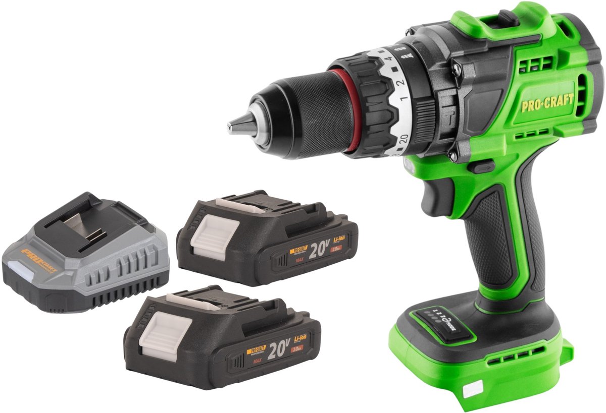Procraft PA18ProBL-BB accu-klopboormachine 20 V 180 Nm borstelloos + 2x accu 2,0 Ah + oplader