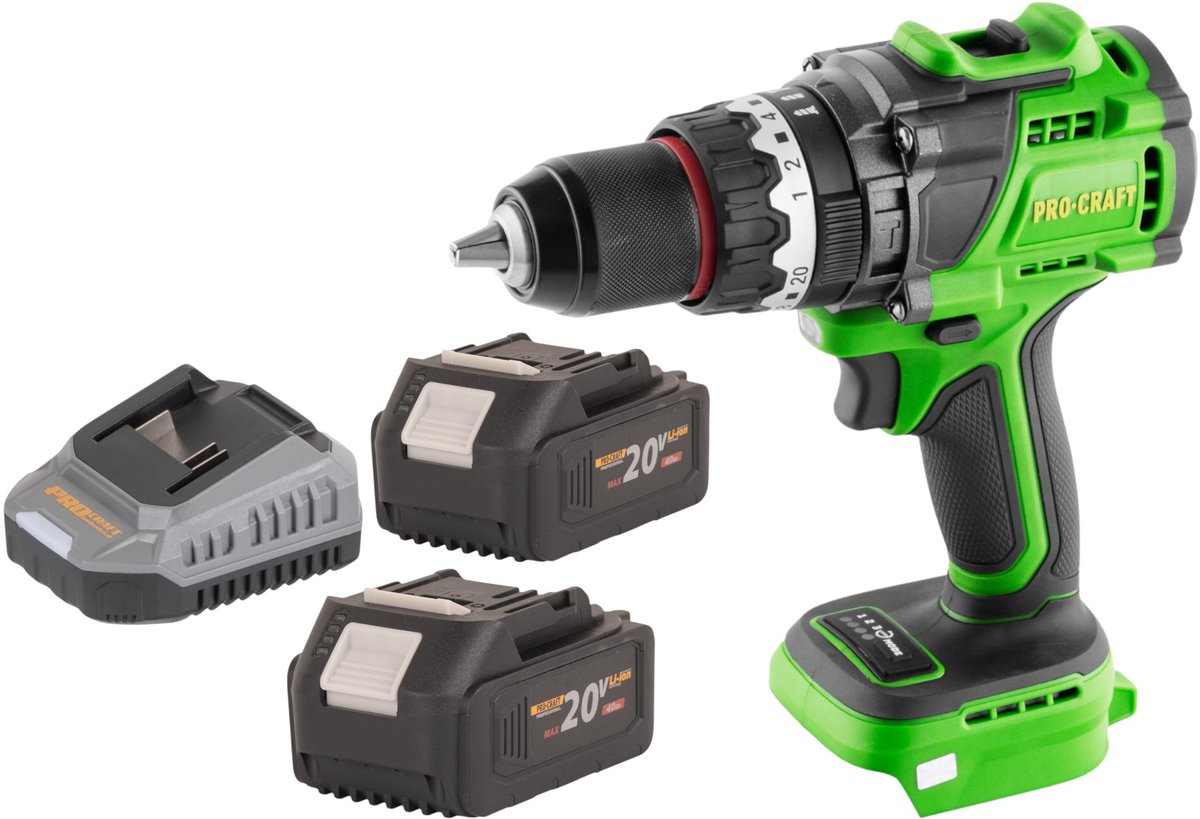 Procraft PA18ProBL-BB accu-klopboormachine 20 V 180 Nm borstelloos + 2x accu 4,0 Ah + oplader