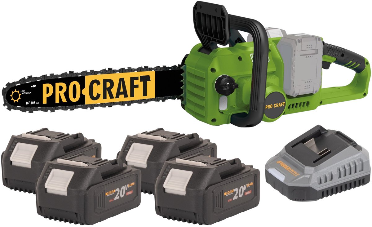 Procraft PCA42/2 accukettingzaag 40 V ( 2x 20 V ) 406 mm borstelloos + 4x accu 4,0 Ah + oplader