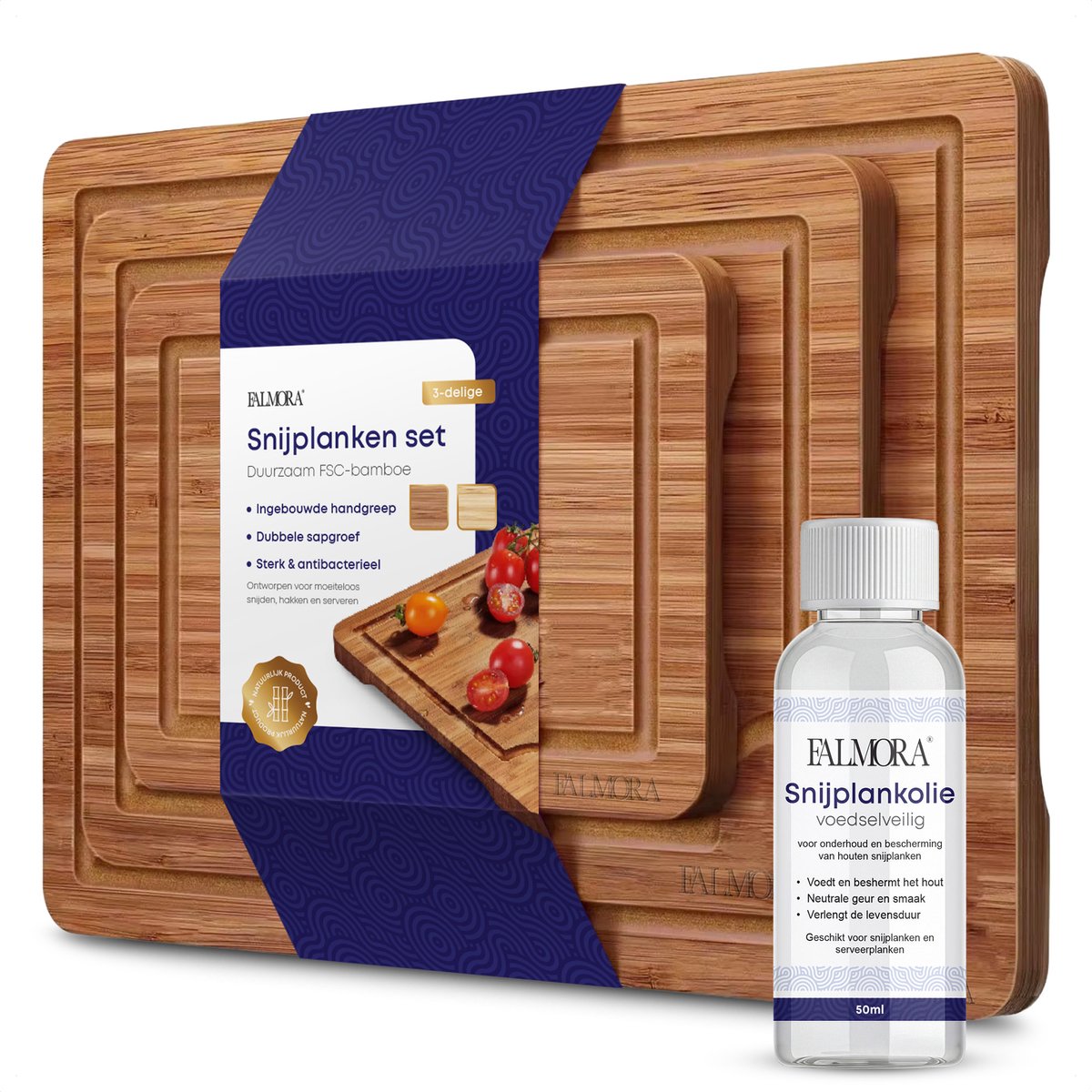 Falmora – Snijplanken Set 3-delig – FSC Bamboe – Sapgroef – Handgrepen – Incl 50 ml Onderhoudsolie