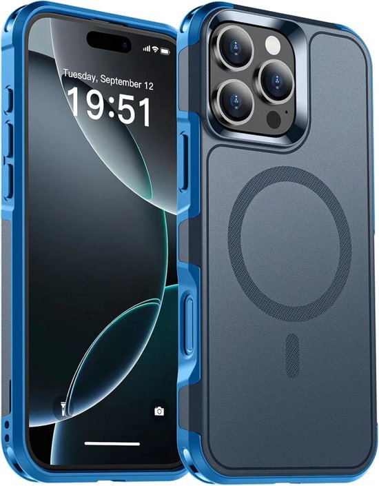 Hoesje Geschikt voor Apple iPhone 16 Pro Max - Compatibel met MagSafe - Back Cover met Magneet - Dual-Layer Hybride Case Blauw