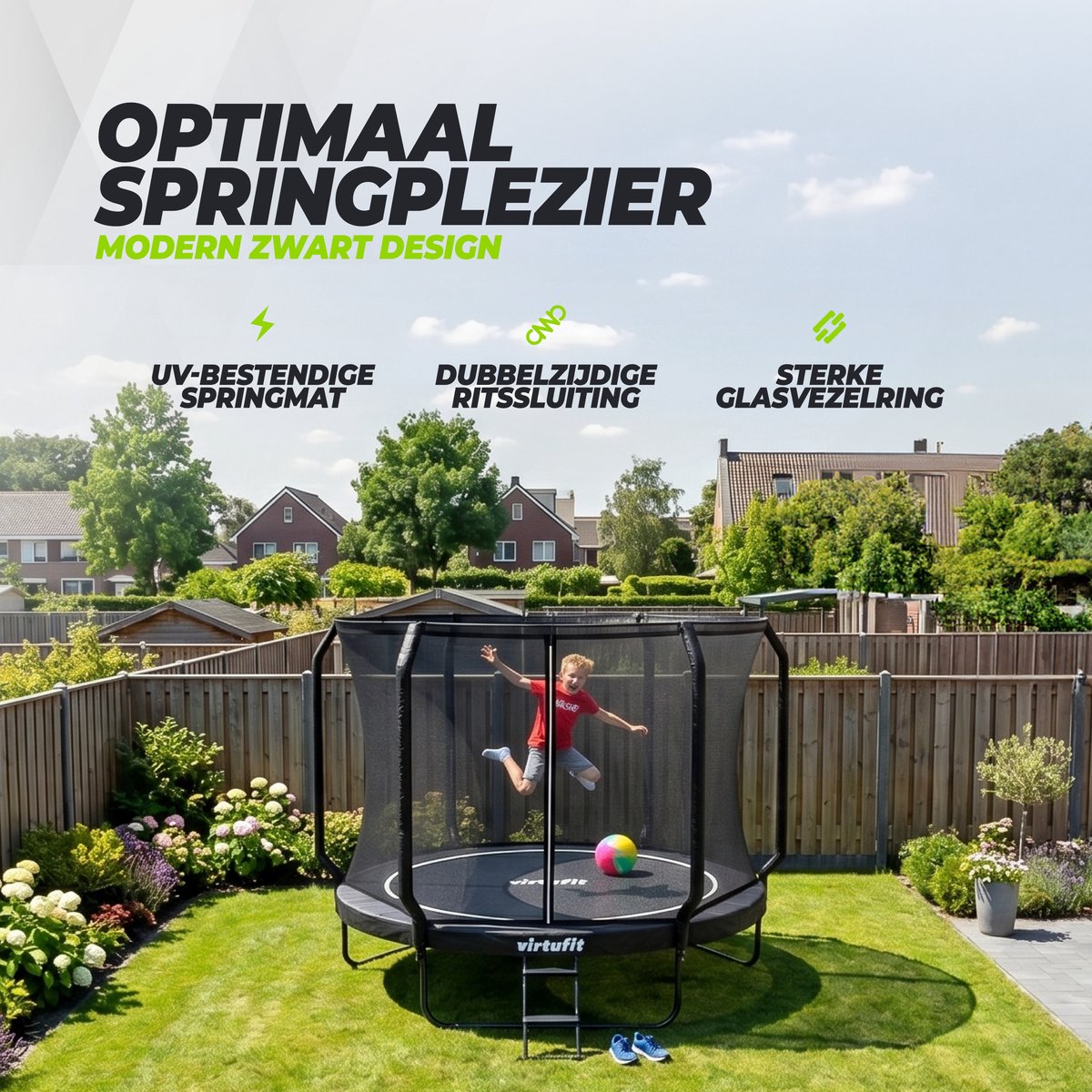 VirtuFit Premium Trampoline met Veiligheidsnet - Ø 305 cm Diameter - Incl. Beschermrand - Extra Veilig - Gratis trap - Water- en UV-bestendig - Max. 150 kg - Voor Kinderen en Volwassenen - Zwart – foto 8