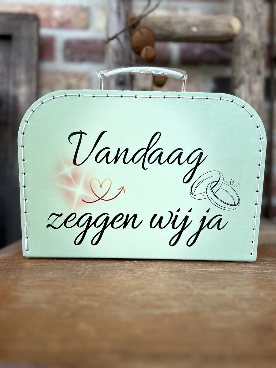 Creaties van hier - koffertje met wit handvat –Vandaag zeggen wij ja – ringkoffertje – trouwen - 25,5x18x 8,3 CM- Maat S - slijtvast – Koffertje