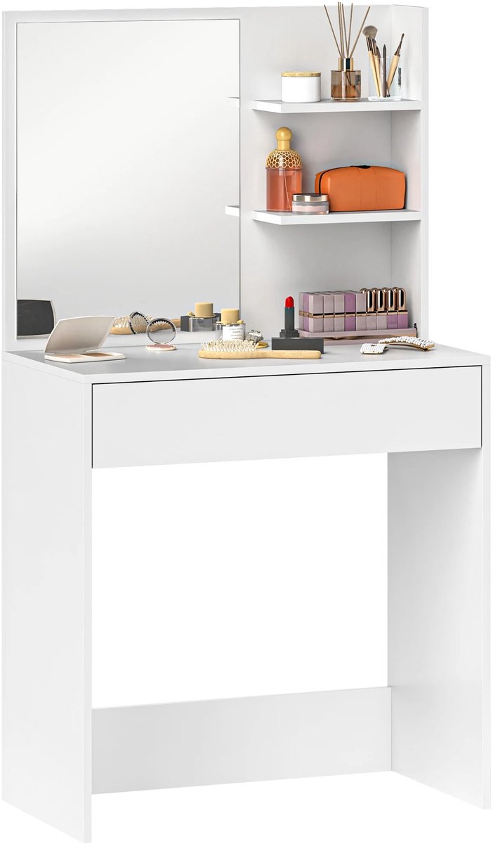 ITRONIQ Kaptafel Met Spiegel en Lades - Make - Up Tafel Met Opbergruimte - Kaptafel Voor Slaapkamer - 75x40x137 CM - WIT