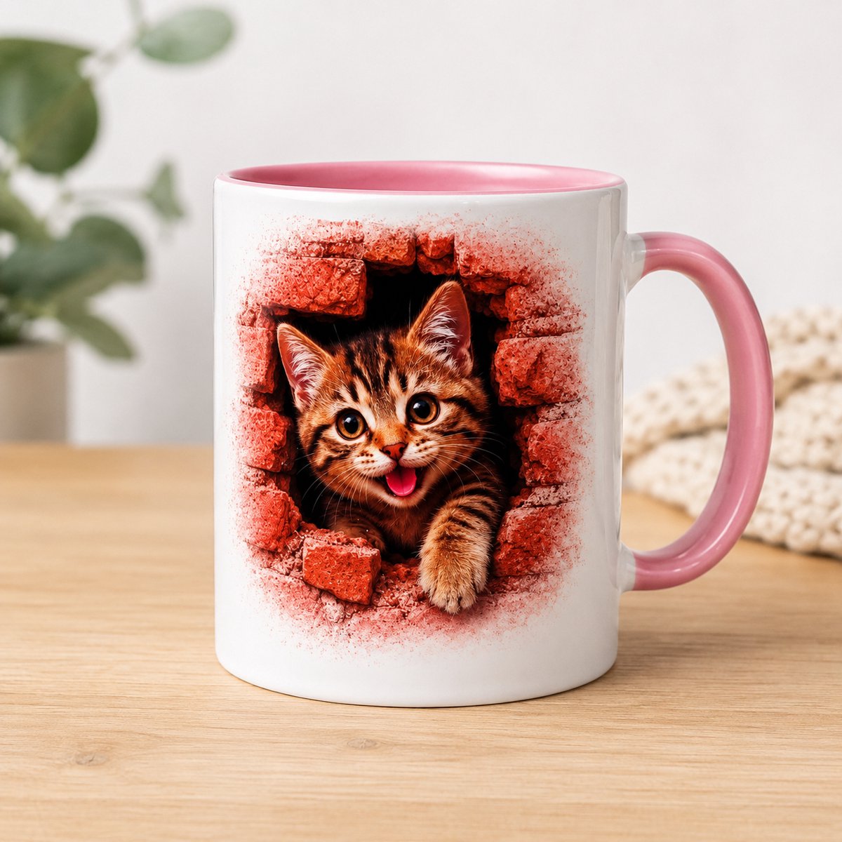 Afecto Kattenmok Keramiek – Roze Koffiemok met Schattige Kitten Print – 330 ml