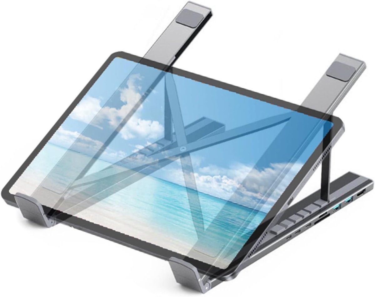 Laptopstandaard - Verstelbare standaard - Ergonomisch werken - Met USB-poorten - 375 g - Zilver