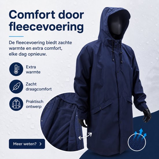 Donkerblauwe regenjas met capuchon, close-up van de fleecevoering. Biedt extra warmte en draagcomfort. Praktisch ontwerp.