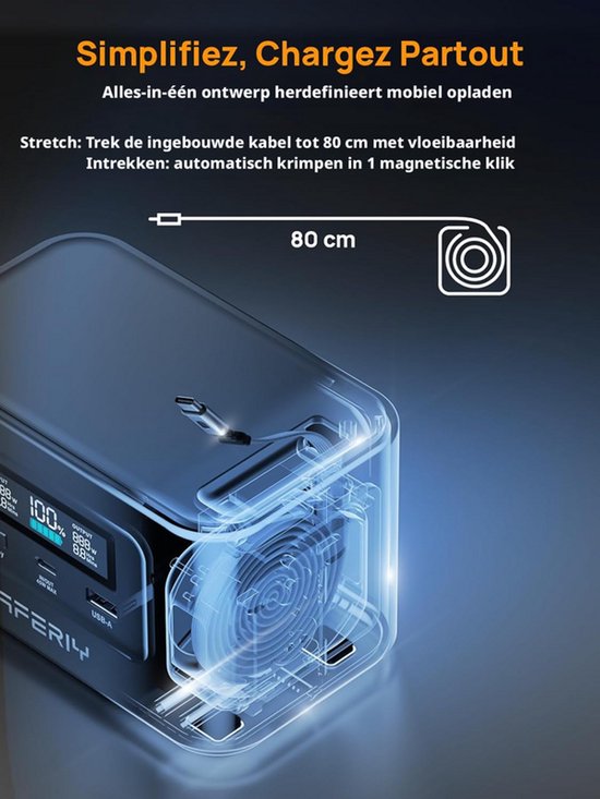 Doorzichtige weergave van een grijze powerbank die 80 cm kabel uitschuift. "Simplifiez, Chargez Partout".