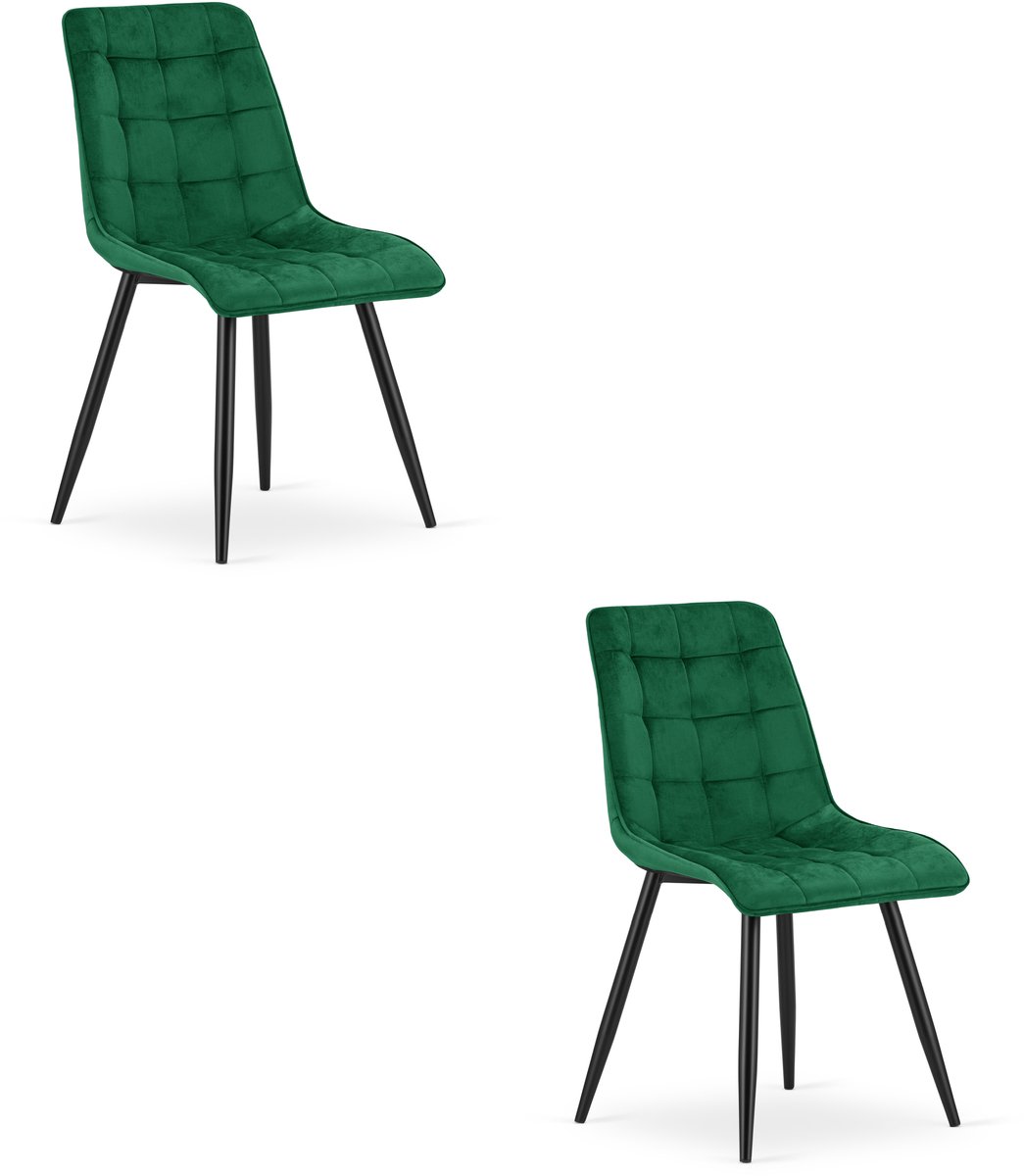LEOBERT Set van 2 Eetkamerstoelen SPLIT – Groen Velvet / Fluweel – Gestoffeerde Zitting – Zwarte Metalen Poten – Modern Design – Voor Eetkamer en Keuken