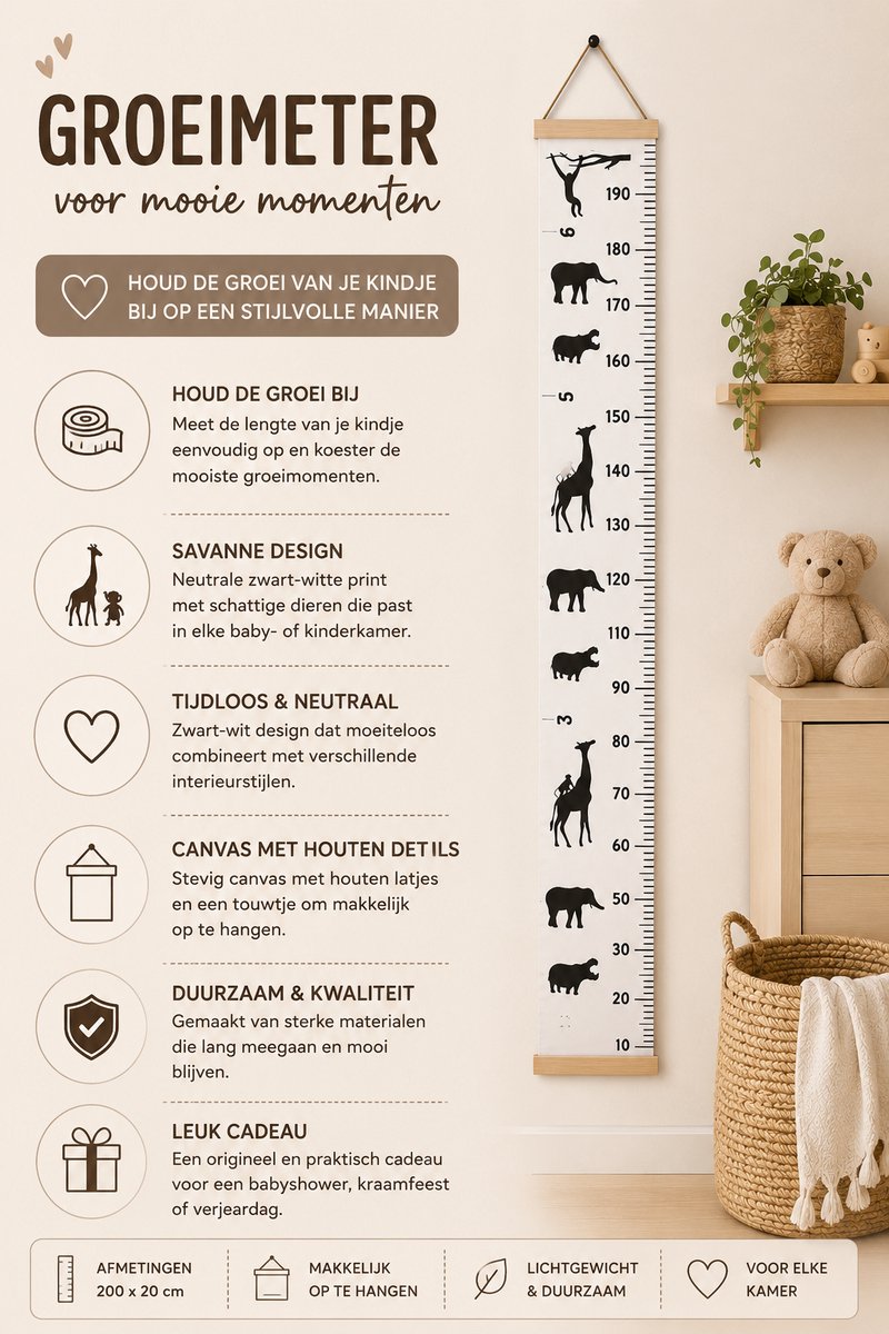 Groeimeter Kinderkamer Savanne – Canvas Meetlat Jungle Dieren – Lengtemeter Baby & Kind – Wanddecoratie 200x20 cm — cadeau in Wonen & Interieur - foto 6