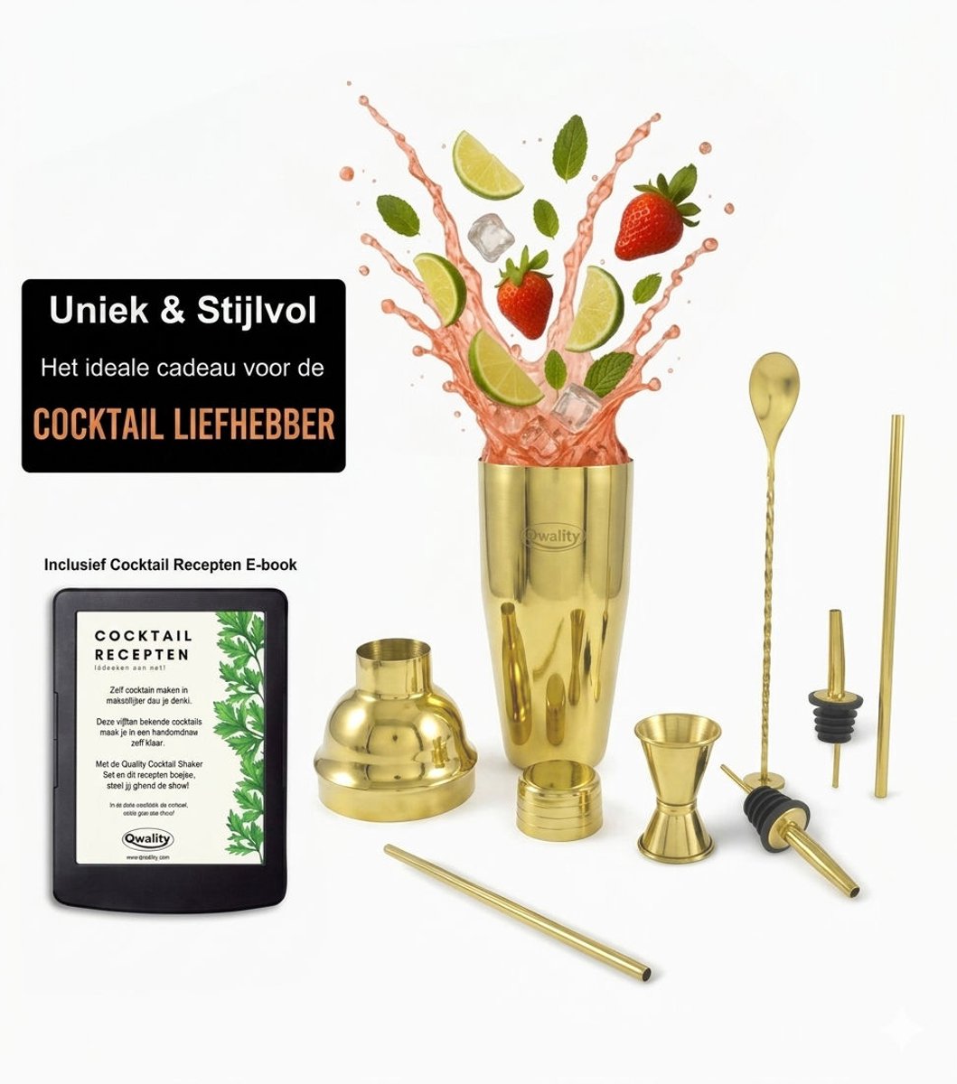 Cocktail Shaker Set (750 ml) - Cocktail Set - Luxe Cadeau voor hem of haar - Cocktailset - Goudkleurig - Qwality® — cadeau in Kookcadeaus - foto 5