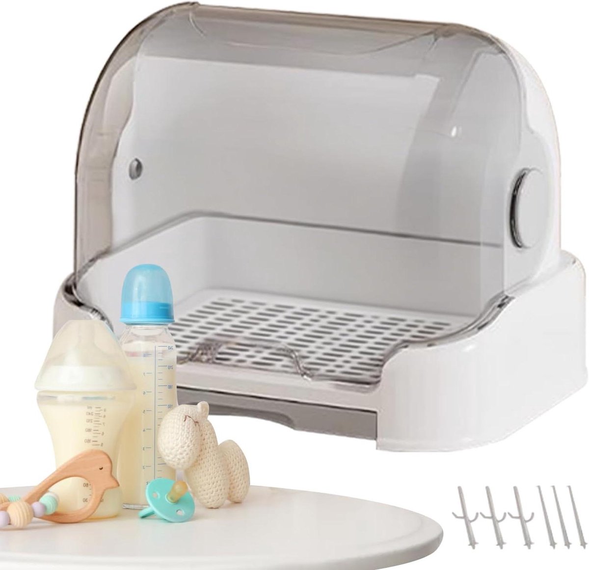 Opbergorganizer Babyflessen - Flessenhouder Droogrek - Hygiënisch Opbergen - Stofvrij Dekselontwerp - 26.5B x 26H cm - Grijs