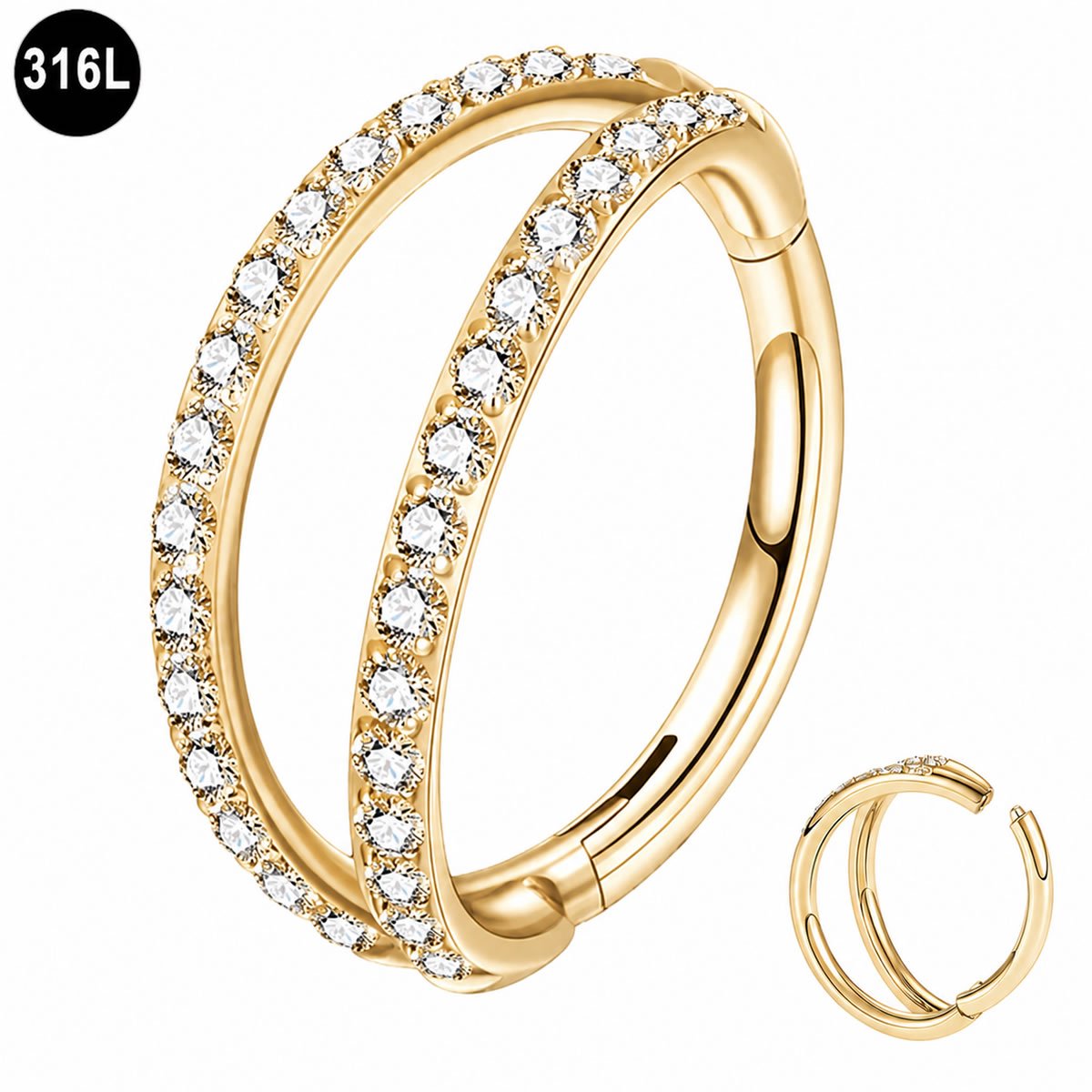 Segment Ring - Helix - Tragus - Piercing - met Zirkonia – 316L Chirurgisch Staal - 8 mm – 1.2 mm Staafdikte – Goud Kleurig