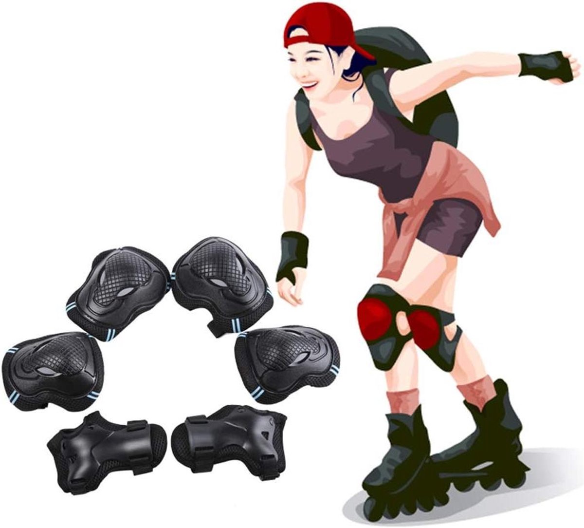 Beschermende Uitrusting Set - Ski Set Knie Elleboog - Buitensporten Beschermen - Schokbestendige ABS Schaal - 6 Stuks - Zwart Rood