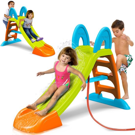 Combinatie van een speelgoedglijbaan met klimrek, groen/oranje/blauw, met kinderen die spelen.