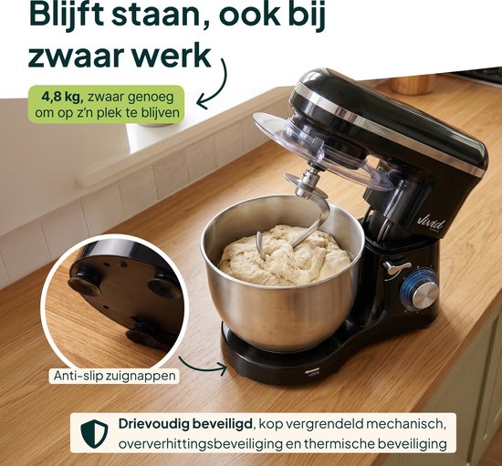 Keukenmachine 2000W - Keukenrobot - Foodprocessor - Keukenmixer met RVS Mengkom - Incl. 5 Accessoires - 6.2L - Zwart - Vivid Green van Vivid Green — afbeelding 4