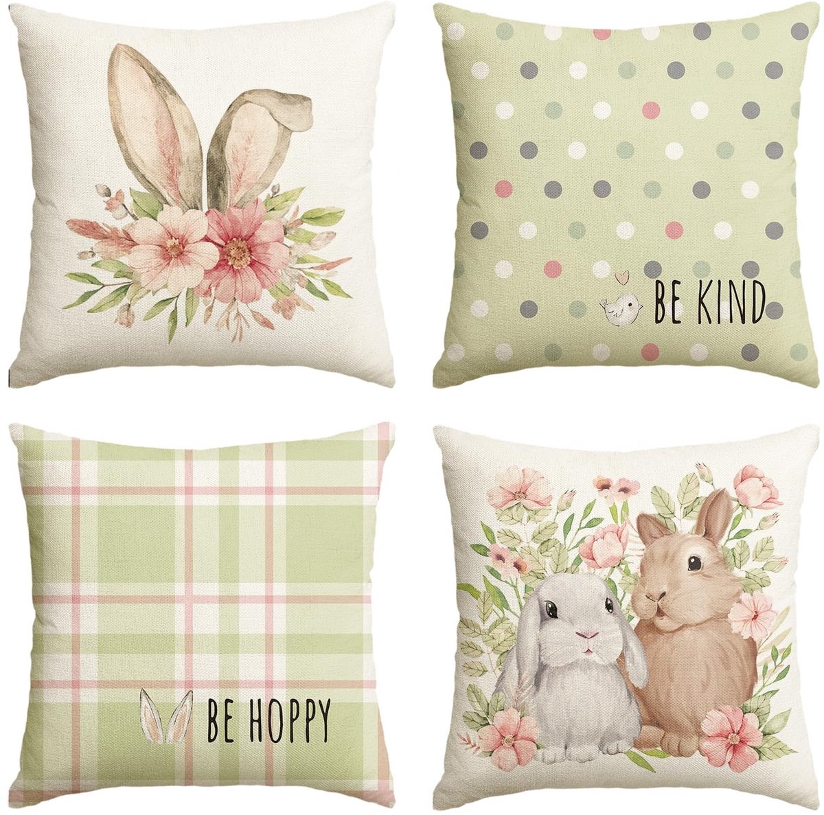 aladdien - Kussenslopen - Lente decoratie - Set van 4 - Groene hazenoren en bloemen - 45 x 45 cm - Geschikt voor woonkamer en slaapkamer