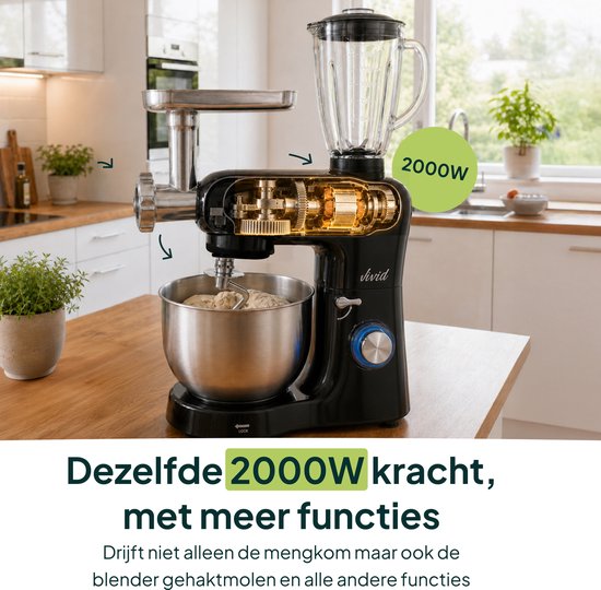 Vivid Green 2000W Keukenrobot - 6.2L - Alles-in-een Keukenmixer - Mixer met Mengkom - Keukenmachine - Gehaktmolen en Blender- Pastamachine – Zwart