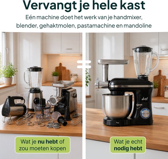 Vivid Green 2000W Keukenrobot - 6.2L - Alles-in-een Keukenmixer - Mixer met Mengkom - Keukenmachine - Gehaktmolen en Blender- Pastamachine – Zwart