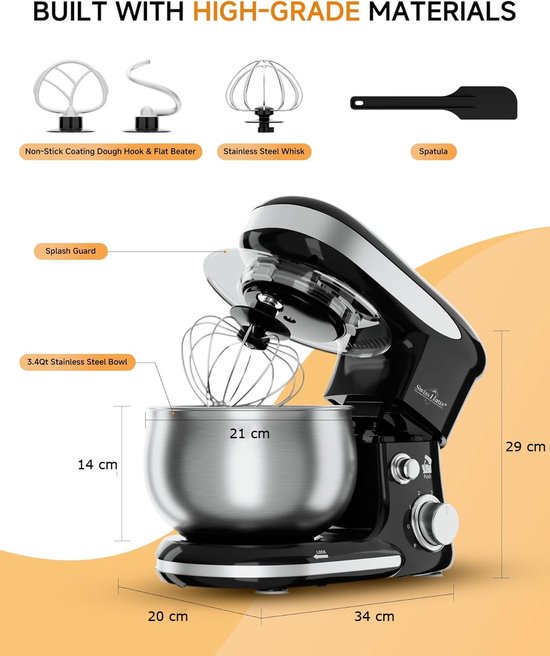 Swiss Haus® KM2305 Keukenmachine - 1300W Keukenrobot - 5L RVS Mengkom - Keukenmixer met 6 Snelheden + Pulse - met Deeghaak & Garde - Zwart van Merkloos — afbeelding 4