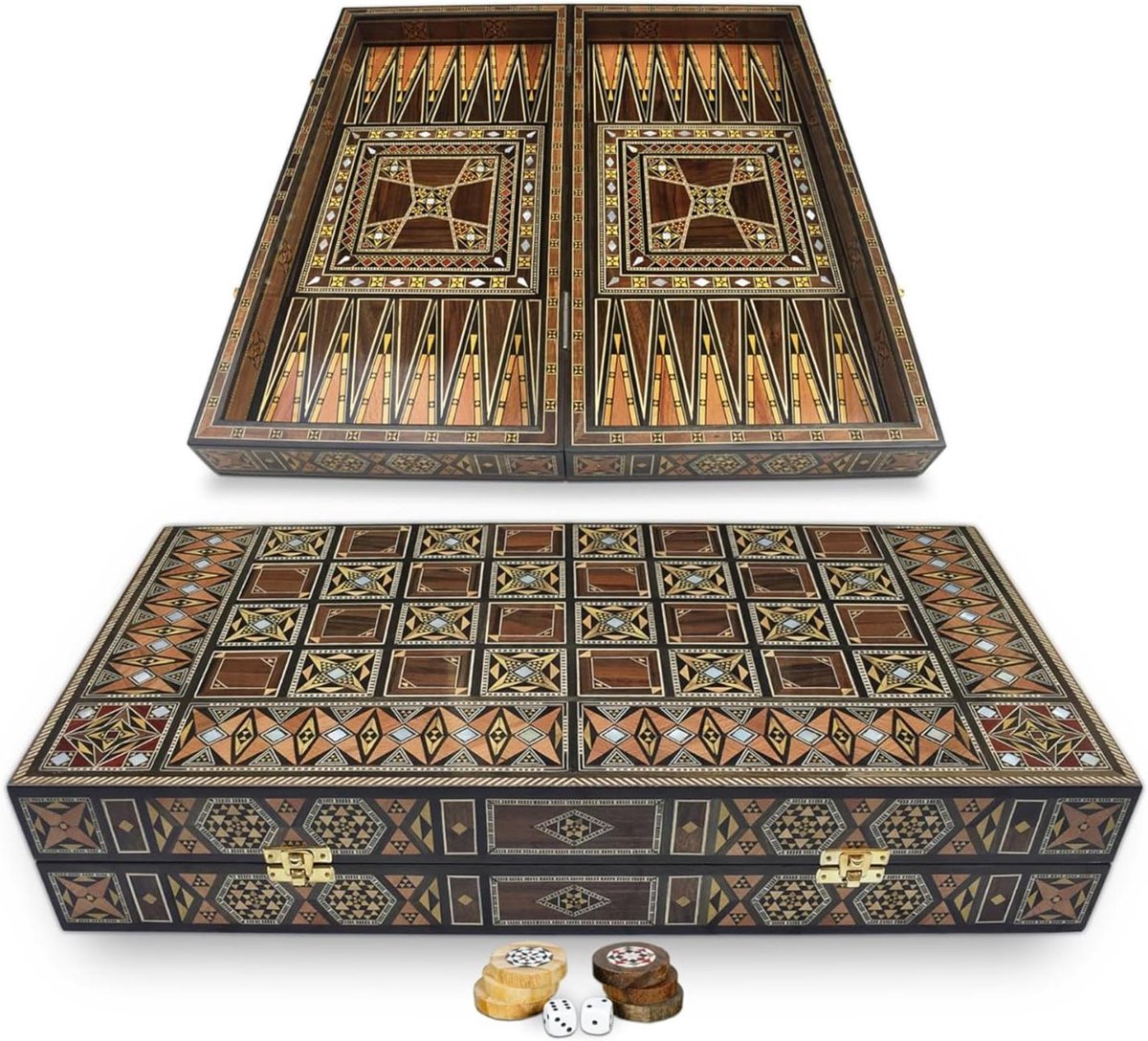 Houten Backgammon Bord - Tavla Schaakspel - Spelavonden Thuis - Handgemaakt Inlegwerk - 50 x 50 cm - Houtkleur