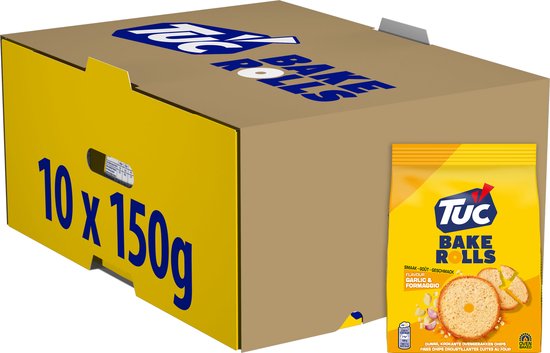 Doos met 10 zakken TUC Bake Rolls Garlic & Formaggio. De doos heeft '10 x 150g' op de zijkant.