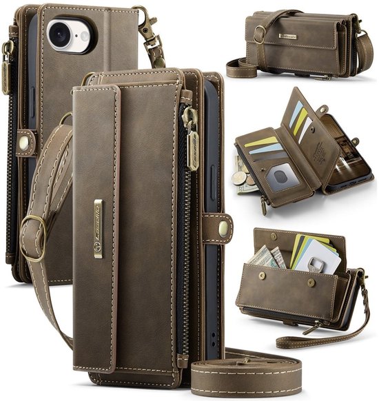 Portefeuille marron pour téléphone avec sangle amovible, fentes pour cartes, poche pour argent et poche zippée.