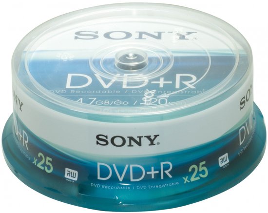 Sony DVD+R 25 stuks, 4.7GB/Go, 120 minuten, 16x snelheid.