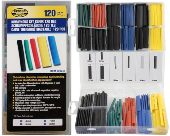 Een productverpakking en open kist met diverse maten en kleuren krimpkous. '120 PC. KRIMPKOUS SET'.
