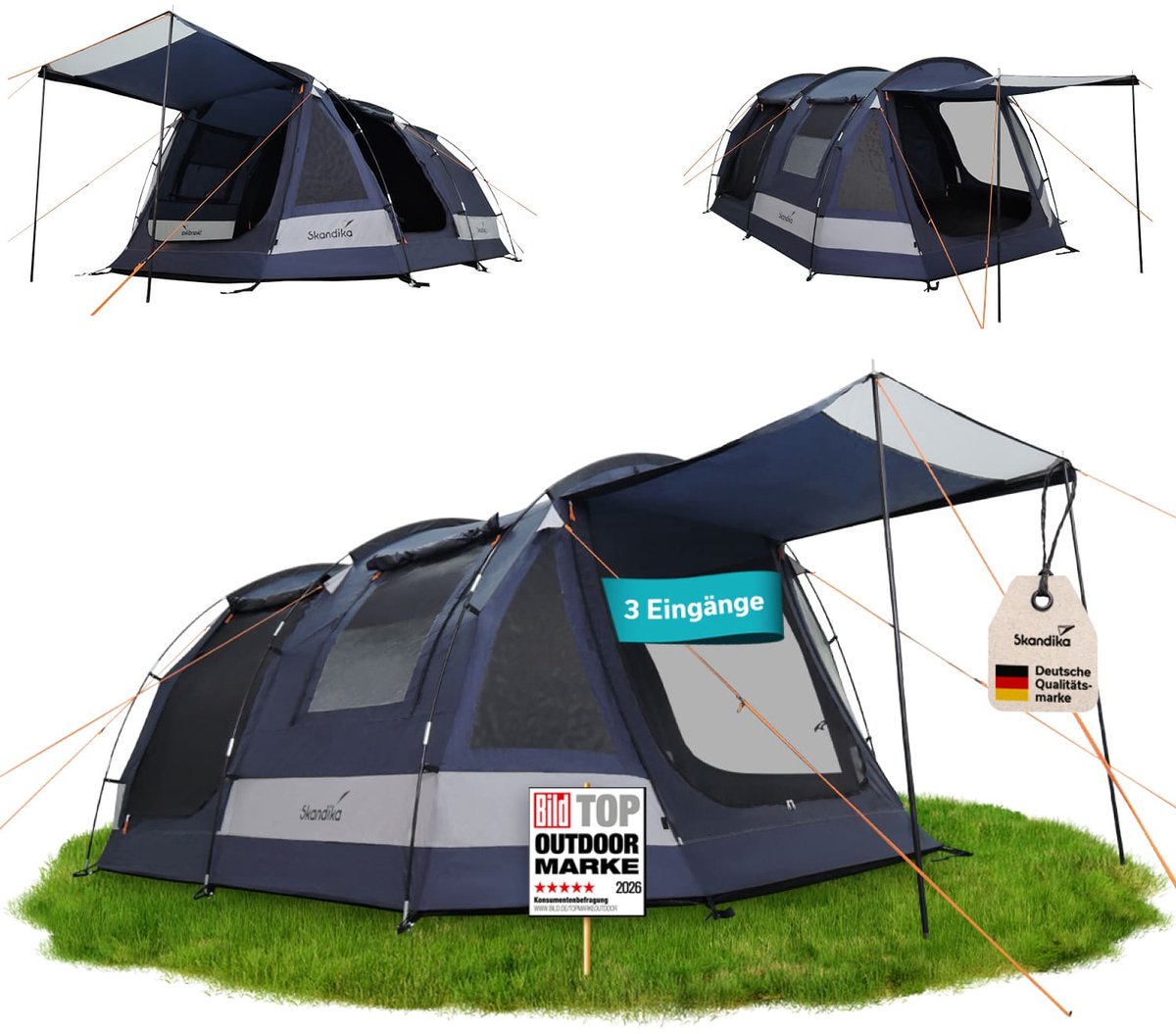 Skandika tunneltent Kambo 4 Sleeper Protect - tent voor 4 personen, zwarte slaapcabine, ingenaaid grondzeil, waterdicht met 3000 mm waterkolom, 3 ingangen, zonneluifel, kampeertent, festival, outdoor