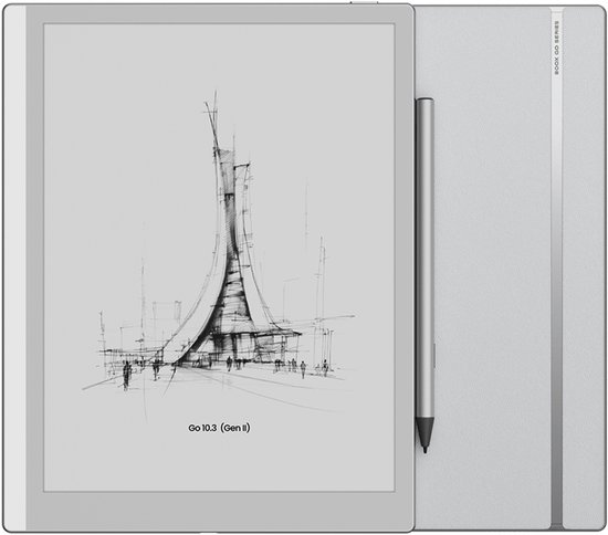 BOOX Go 10.3 (Gen II) e-reader met styluspen, lichtgrijs, met een schets van een futuristische toren.