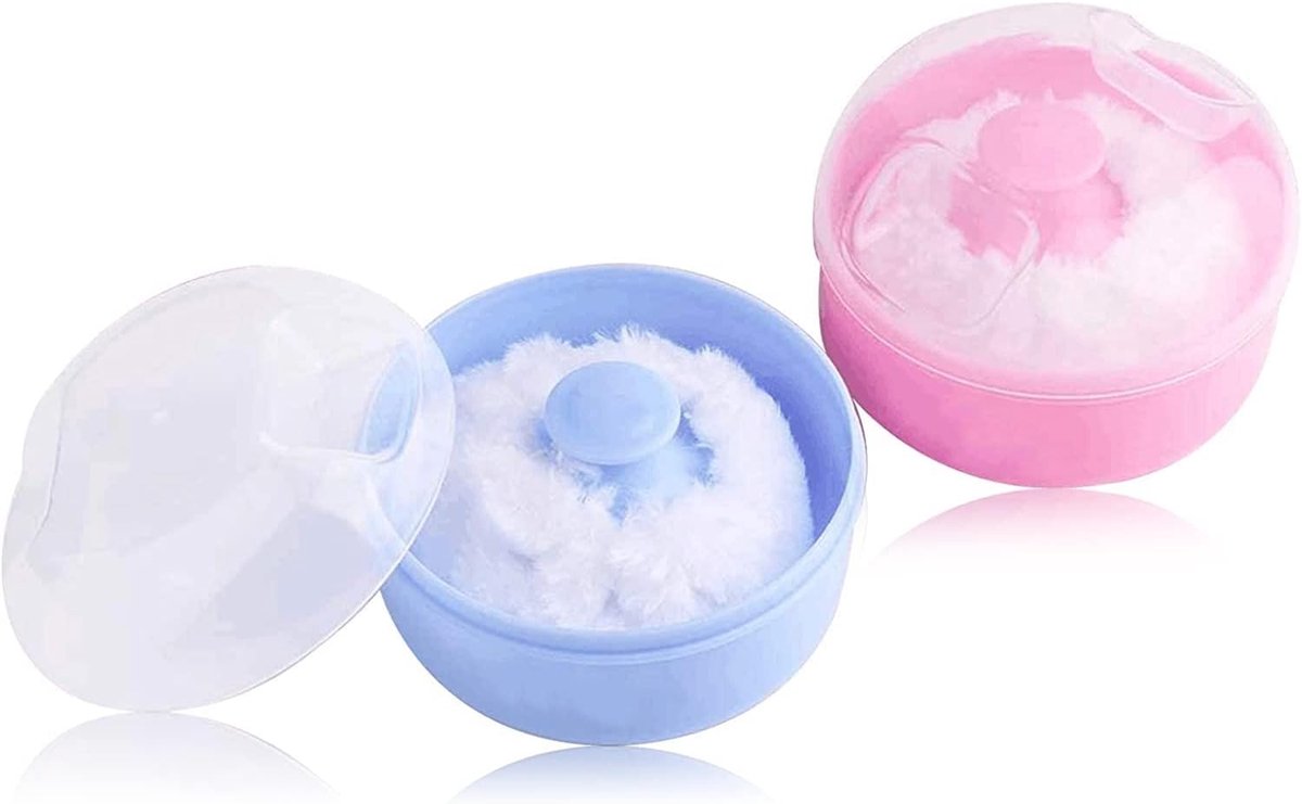 2 stuks - Baby Lichaam Cosmetische Poeder Donsje Kit Spons Doos Behuizing (blauw & roze)