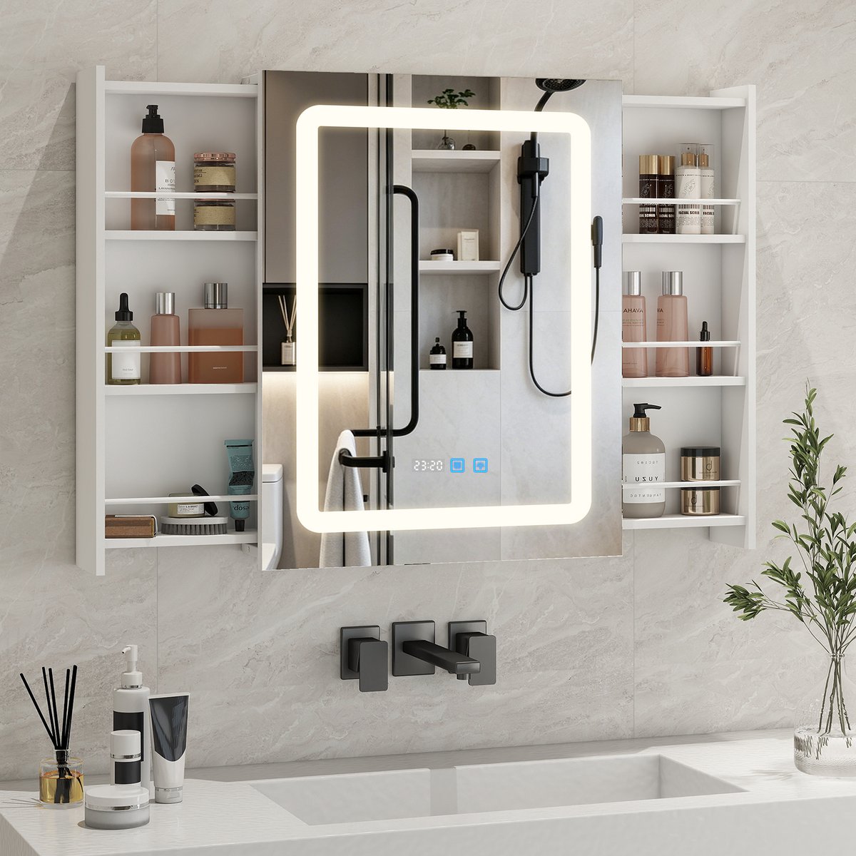 Puluomis - Spiegelkast met LED-verlichting - 55-103x70cm - Uitschuifbare planken - Anticondensatie - Medicijnkast- Badkamerkast - Wit