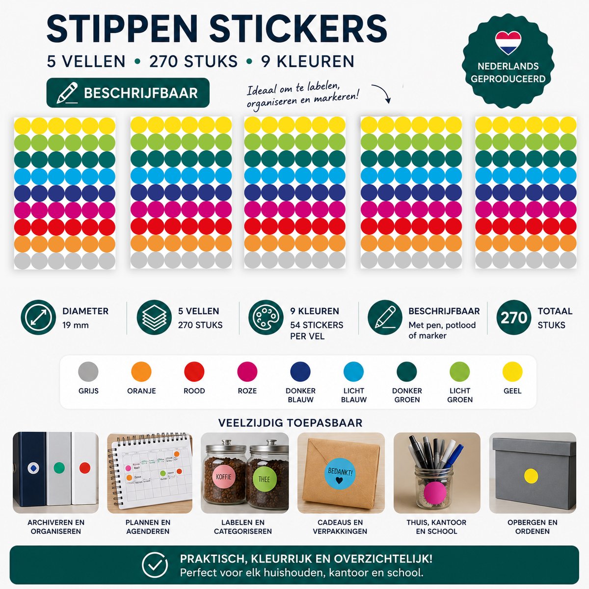 Stippen Stickers - 9 Kleuren - 5 Stickervellen - 270 Ronde Etiketten 19 mm - Kleurcodering — afbeelding 5