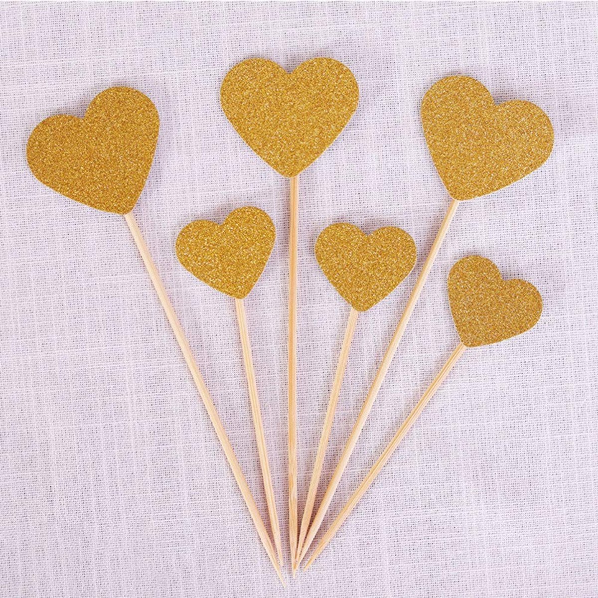 Allecto - Hart cupcaketoppers - Glitter taartdecoraties - 30 stuks - Goud - Feestbenodigdheden - Verjaardag en bruiloft - Babyshower