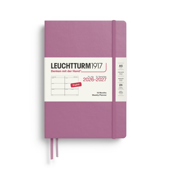 Paarse Leuchtturm1917 A5 Weekly Planner agenda met harde kaft en elastische sluiting.